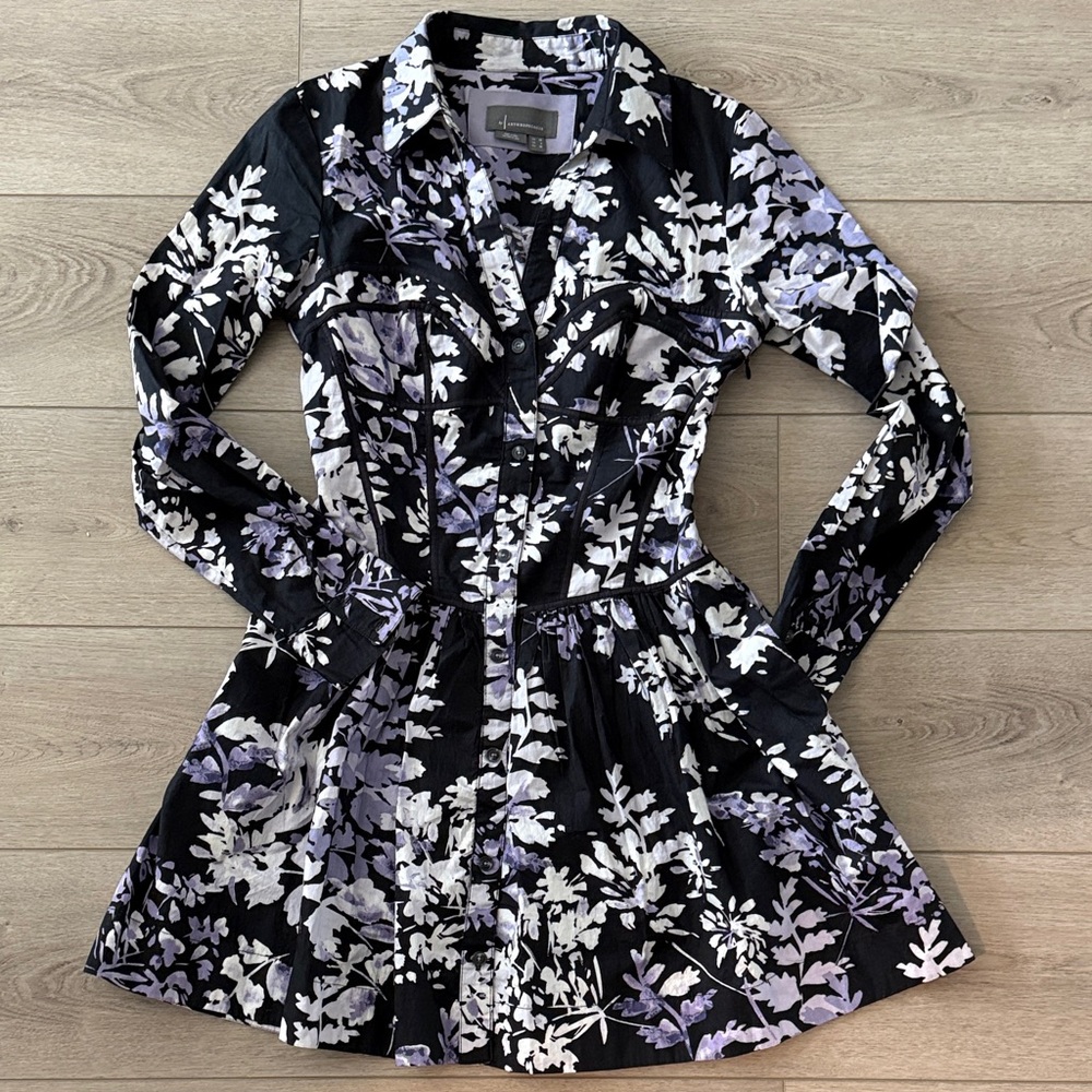 Anthropologie Black Lavender & White Floral Long-Sleeve Shirt Dress